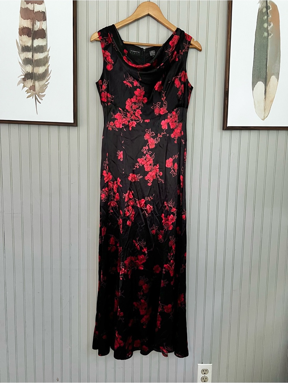 Vintage Y2K Black Satin Floral Sleeveless Cowl Neck Maxi Sheath Dress